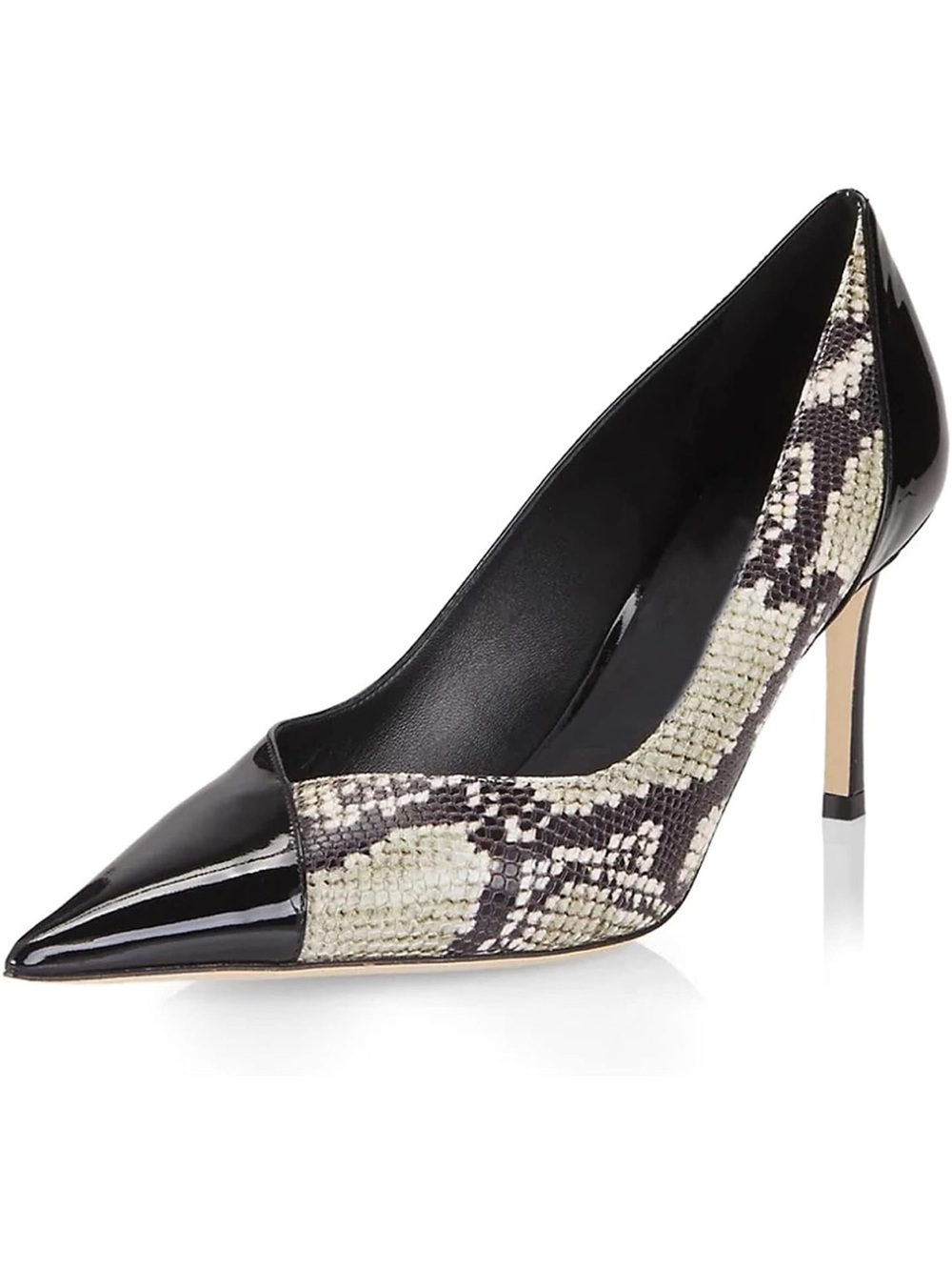Snakeskin Stiletto High Heels Closed Pointed Toe Pumps Patchwork Cap Toe Slip on